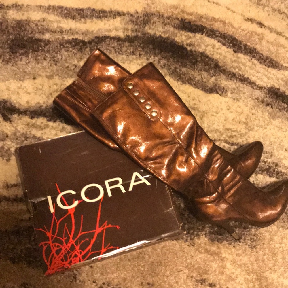 Icora bronze patent 4 in stiletto knee high boots
